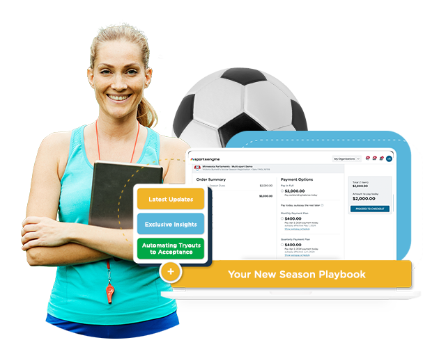 woman soccer coach, tech screen, and soccer ball
